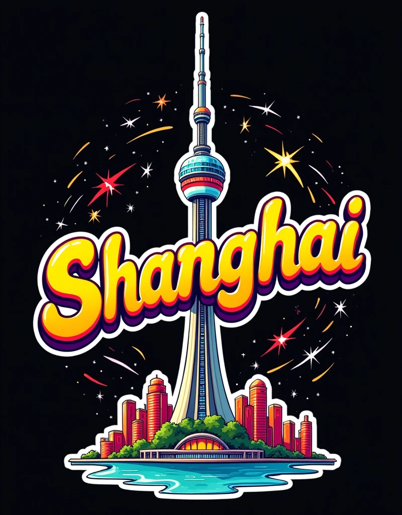 a sticker with the words "Shanghai" above the Oriental Pearl TV Tower, in the style of prudence heward, petros afshar, dtraditional animation, graffiti, studyplace,black background, White stroke