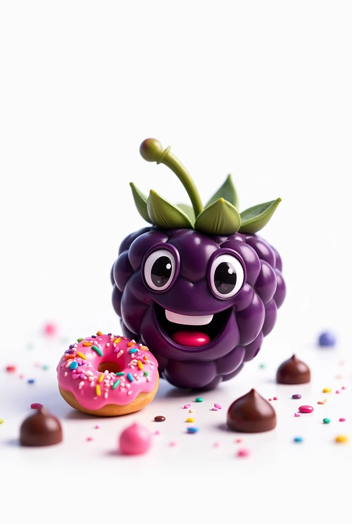 A cute blackberry smiling, together with a small pink donut smiling happily, Chocolate drops, com o fundo branco 