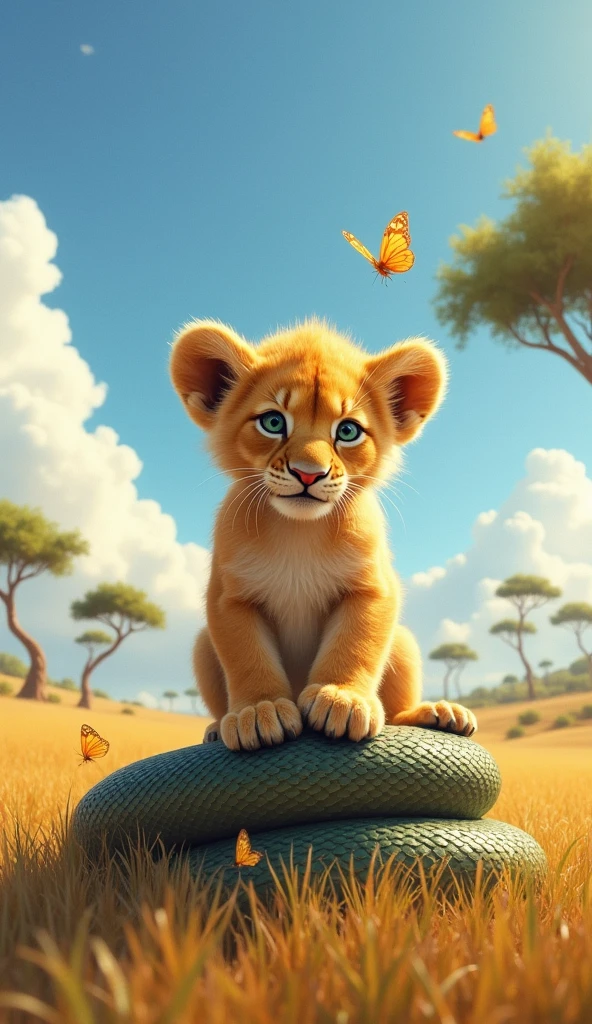 Give me a photo of a small lion stepping on a snake