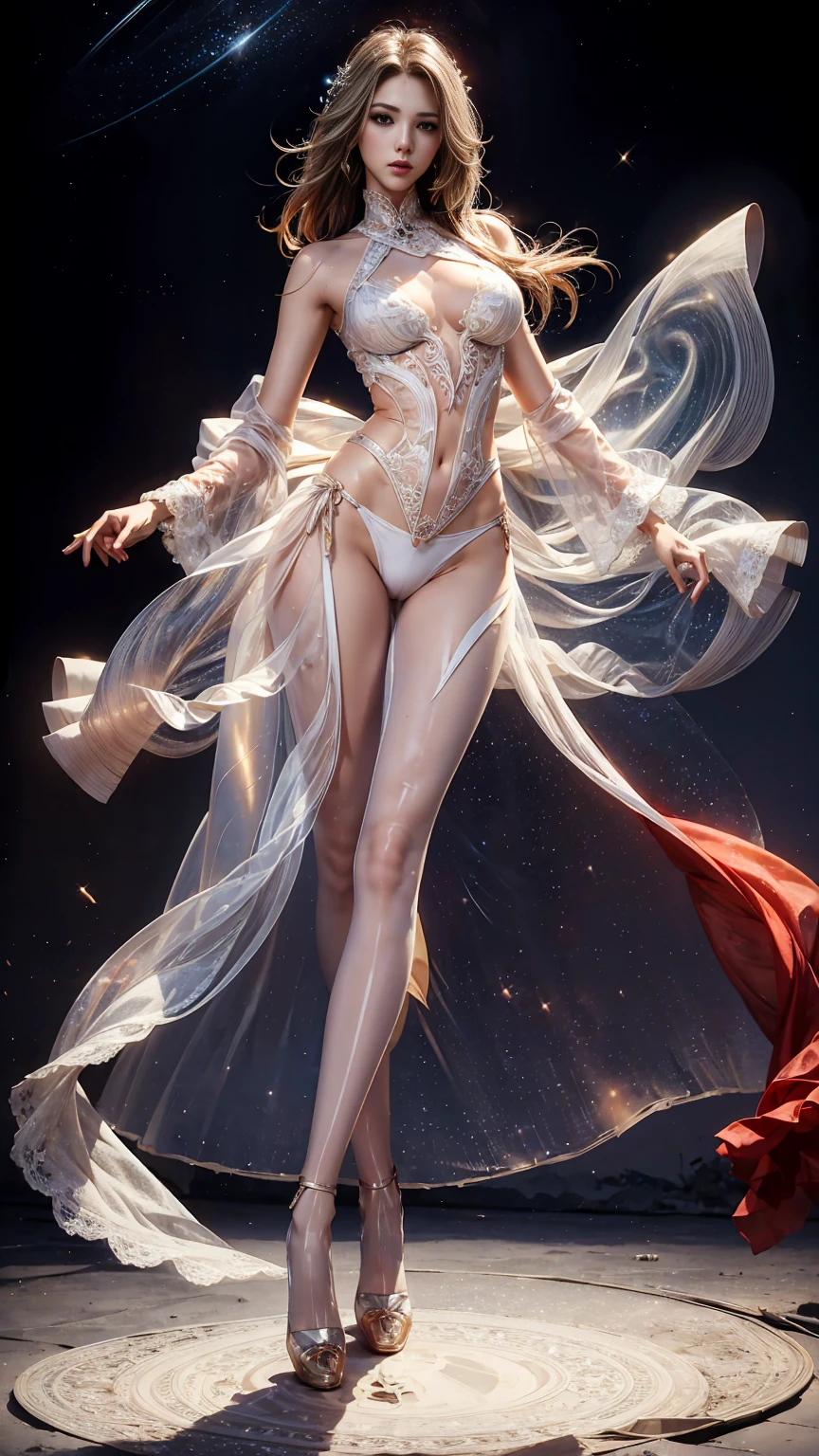 Masterpiece, a beautiful urban female model, full body white transparent clothes standing under empty night stars, disappearing transparent pants, full body standing, hourglass figure, slender legs, facial details, detailed body part details, 8k wallpaper, gigantic breasts, flowing clothes, red clothes