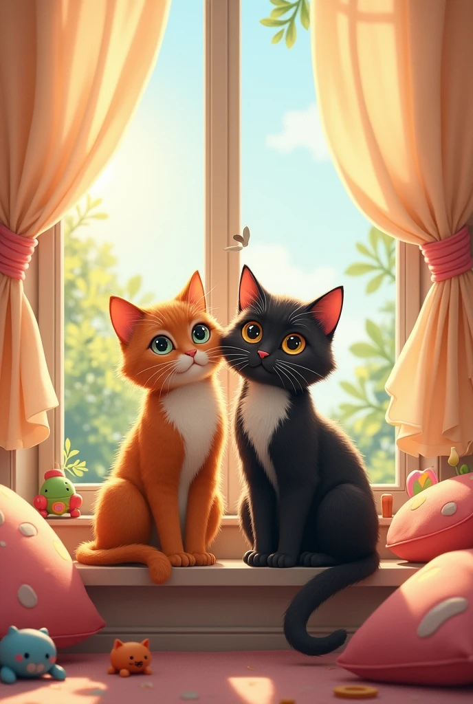 Two male and female cats, best friends, in a cute room. They are sitting by the window, looking outside. The cats have big eyes and are adorable. The details are beautiful and cute.