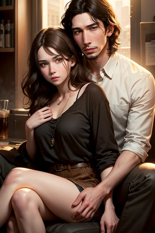 Adam Driver with a girl with yellow eyes and brown hair. The girl is sitting on his lap..