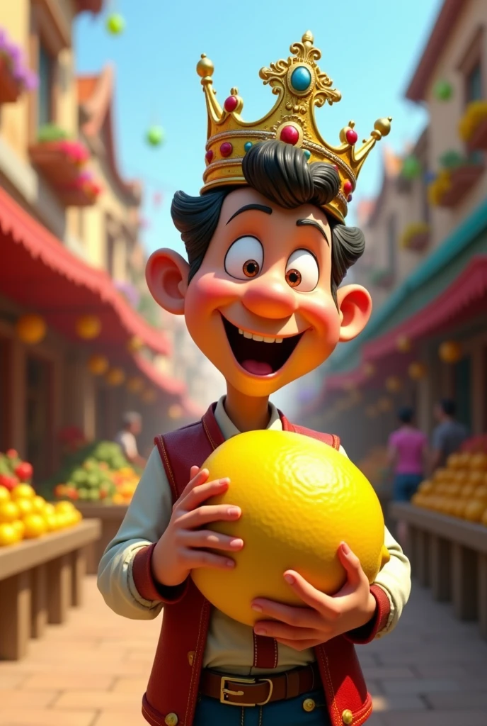 Animated man with a lemon and a king's crown