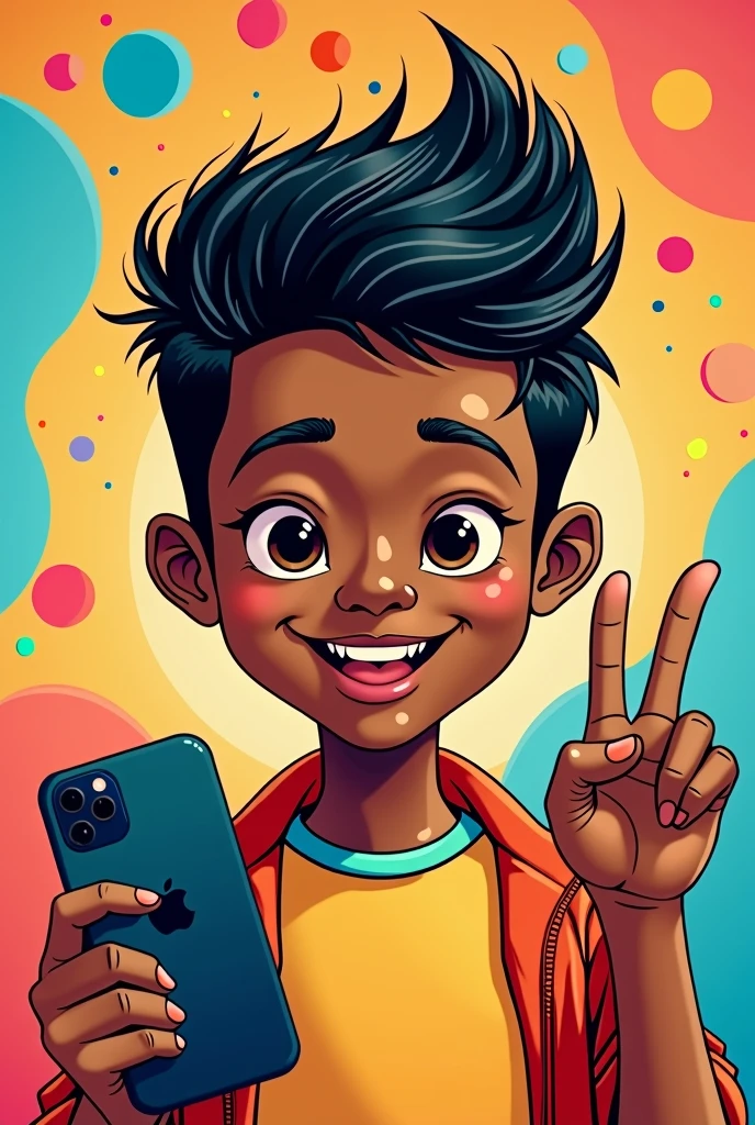 Self-portrait of a boy with black hair and a quiff, straight hair, brown-skinned boy holding an iPhone making the number 2 with his fingers and holding the phone in his other hand
