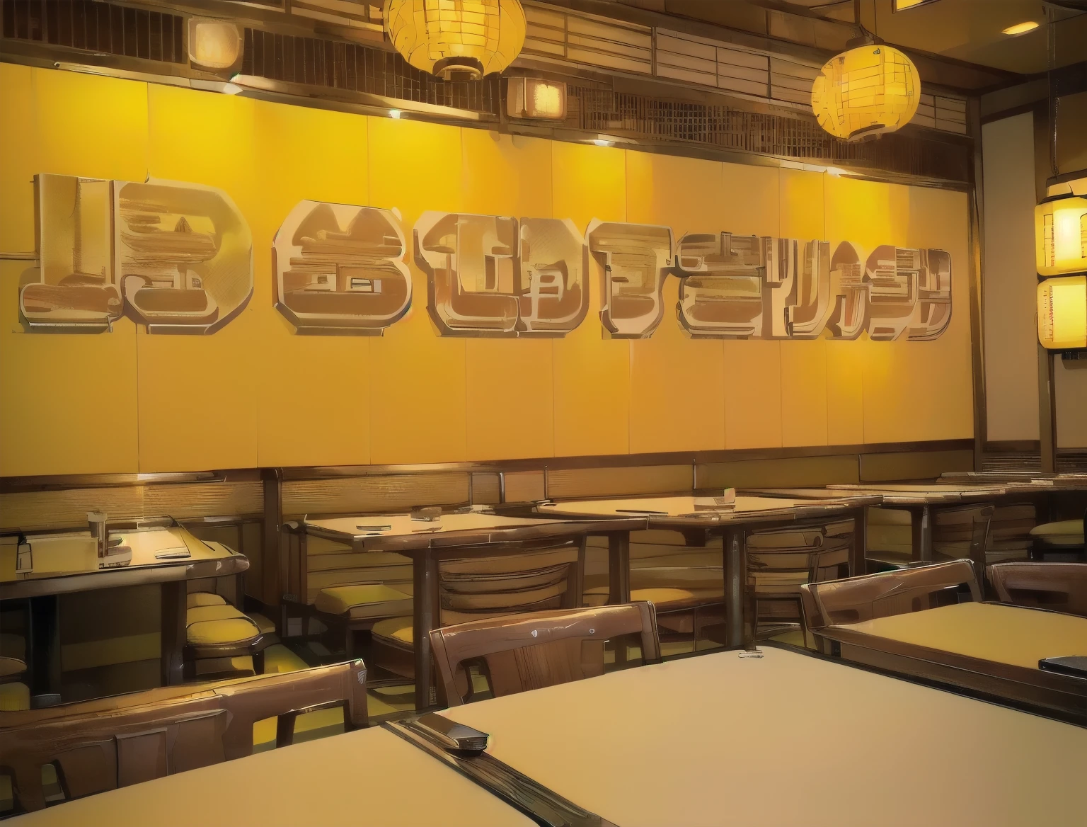 (((Masterpiece, top quality))), (((32K wallpaper))), ultra high resolution, gorgeous light leak, (((backlit))), highly detailed background, top quality, (((((no humans))))), An empty diner、 (((Yellow sign))), ((((Perfect and detailed with many dishes and food))), (((A very detailed Showa-era diner)))、Yellow and orange logo、(((Japanese Restaurant)))