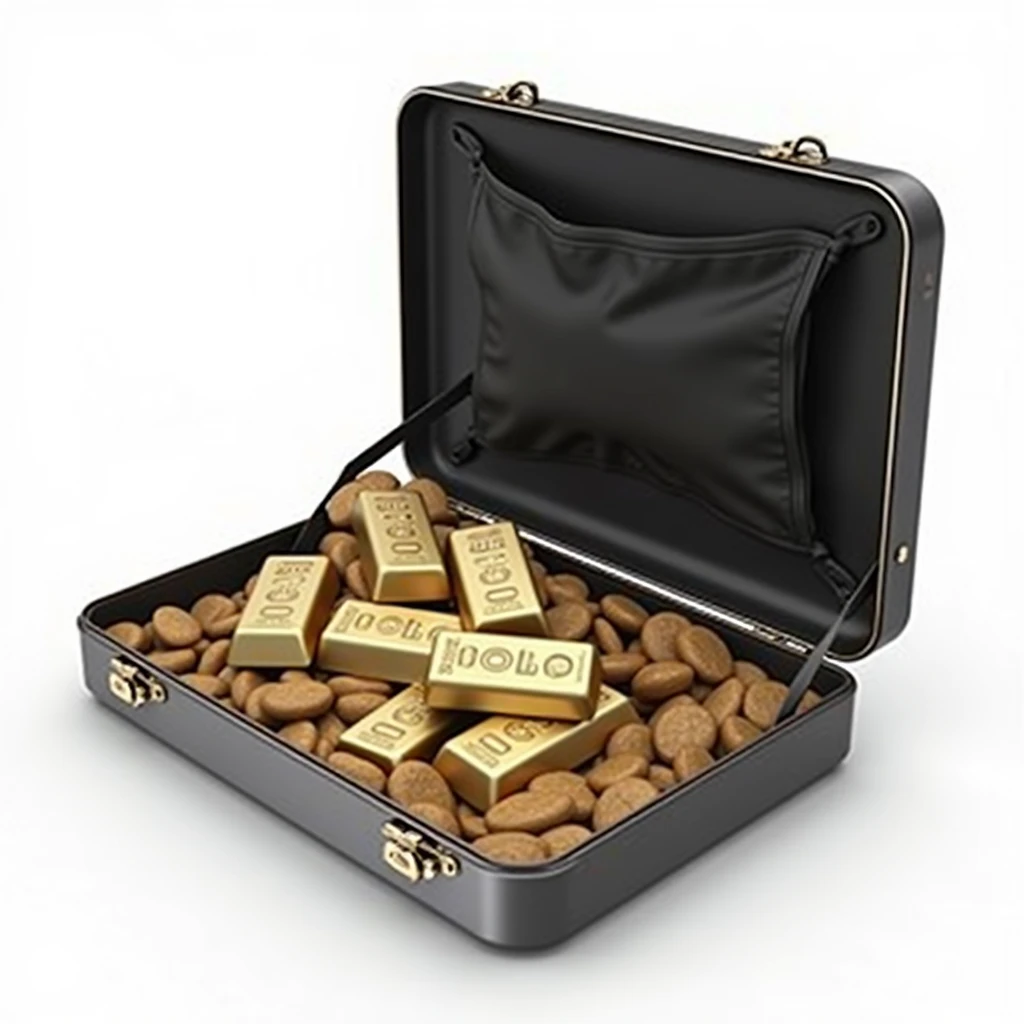 (masterpiece, top quality, best quality, official art,beautiful and aesthetic:1.2),(4k,8k, best quality,masterpiece:1.2),(((white background))), solo,Game item, black box in an open state, containing gold bars. It incorporates gangster elements, with a clear and accurate structure, modern realistic representation, consistent lighting, and natural believability.