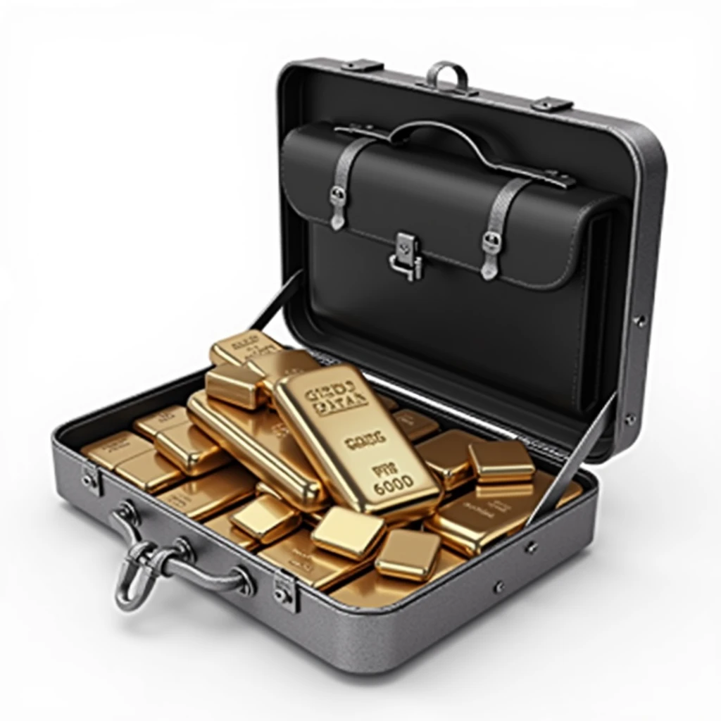 (masterpiece, top quality, best quality, official art,beautiful and aesthetic:1.2),(4k,8k, best quality,masterpiece:1.2),(((white background))), solo,Game item, black box in an open state, containing gold bars. It incorporates gangster elements, with a clear and accurate structure, modern realistic representation, consistent lighting, and natural believability.