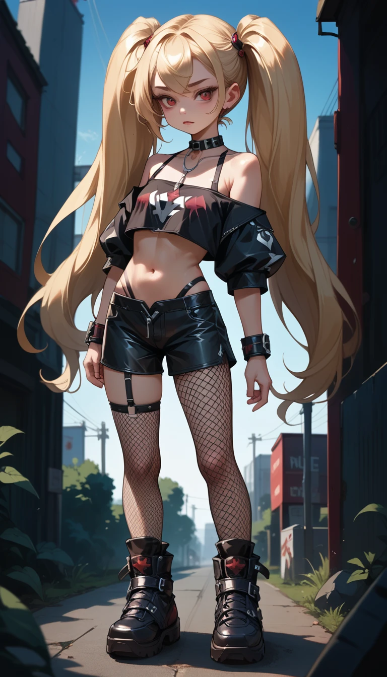 tight black latex bike shorts, loose off the shoulders red crop top, visible bra straps, 21 years old, young adult, rebelious, thick black leather boots, very long blonde twintails, fishnet pantyhose