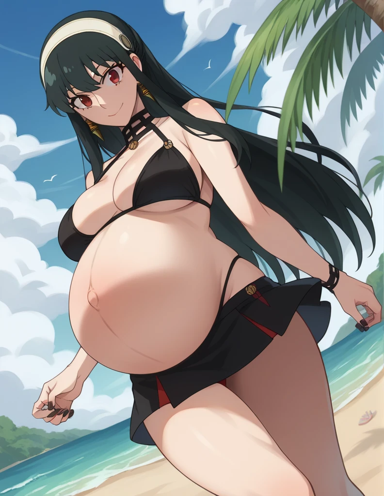 score_9, score_8_up, score_7_up, source_anime,
yorbriar, yor briar, black hair, red eyes, earrings, white hairband, hairband, long hair, sidelocks, Big breasts,
bare shoulders, bikini, mini skirt, thighs,
Beach, smile, Black toenails, Black nails,
looking at viewer, dutch angle, cowboy shot, pregnant, huge belly, large belly