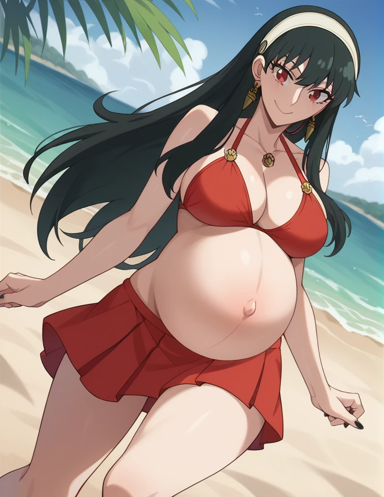 score_9, score_8_up, score_7_up, source_anime,
yorbriar, yor briar, black hair, red eyes, earrings, white hairband, hairband, long hair, sidelocks, Big breasts,
bare shoulders, bikini, mini skirt, thighs,
Beach, smile, Black toenails, Black nails,
looking at viewer, dutch angle, cowboy shot, pregnant, huge belly, large belly