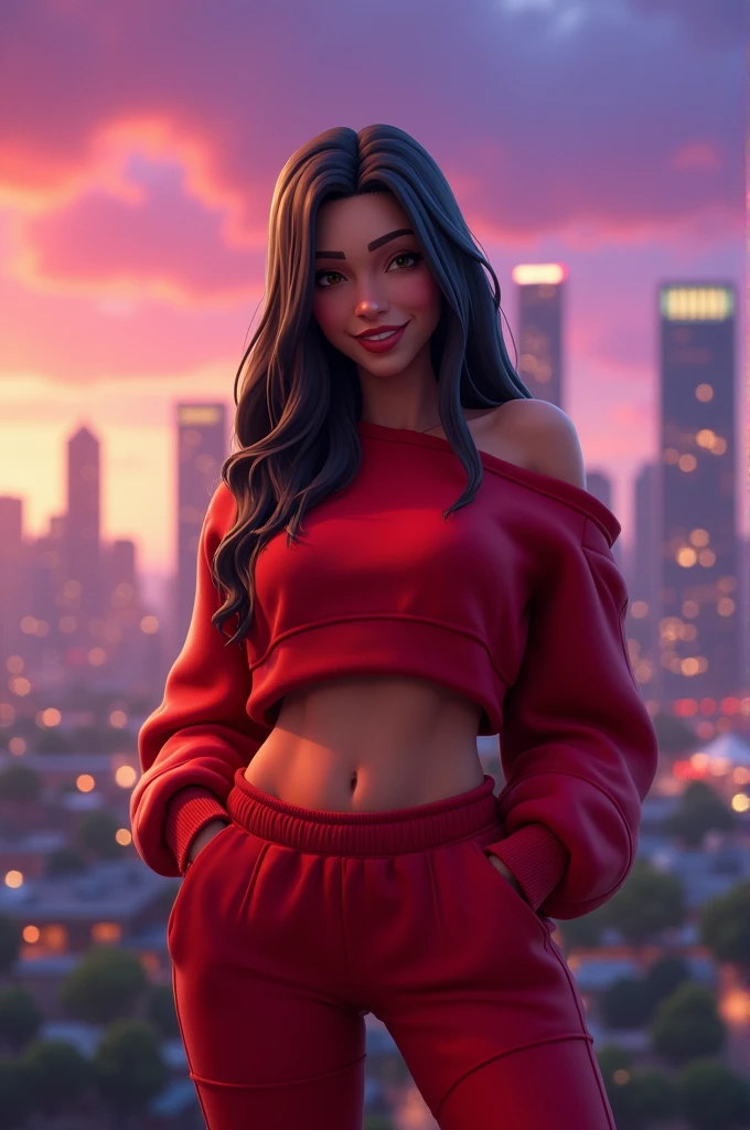 Ruby , (fortnite),1girl, solo, long hair, looking at viewer, smile, breasts, city background, butt, bare shoulders, tight shirt, closed mouth, portrait, red sweatshirt, skin tight pants, red sports pants, seductive, realistic, best quality, masterpiece, ultra detail, ultra high res, extreme detail, 8k, uhd