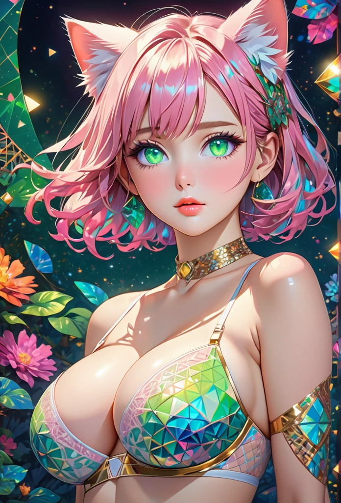 {Celestial hues, lofi, shiny aura, cute, pink hair, ((green eyes)), big pretty realistic eyes, ((cat girl), (huge breasts), (cleavage), sexy, submissive, highly detailed, holographic glowing motifs, geometric, perfect composition , beautiful, perfect eyes, full lips, 96k, best quality, full shot ))) (masterpiece, top quality, best quality, official art, beautiful and aesthetic:1.2), (1girl:1.3), extremely detailed,(fractal art:1.1),(colorful:1.1),highest detailed,(zentangle:1.2), (dynamic pose), (abstract background:1.5), (gradient lingerie:1.2), (shiny skin), (gold metallic:1.4), arms behind back, ((underboob)), sexy expression, submissive, blushing, portrait,