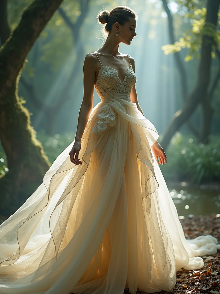 A graceful woman draped in an exquisite Iris van Herpen dress, featuring a delicate interplay of translucent fabrics and intricate,nature-inspired patterns. The dress flows like liquid silk, with layers that ripple and shimmer with every movement. Captured in a high-fashion editorial style, the lighting creates a luminous effect, accentuating the ethereal quality and the meticulous craftsmanship of the design. The woman’s serene expression and elegant posture enhance the enchanting and dreamlike nature of the van Herpen creation, evoking a sense of otherworldly beauty and sophistication.