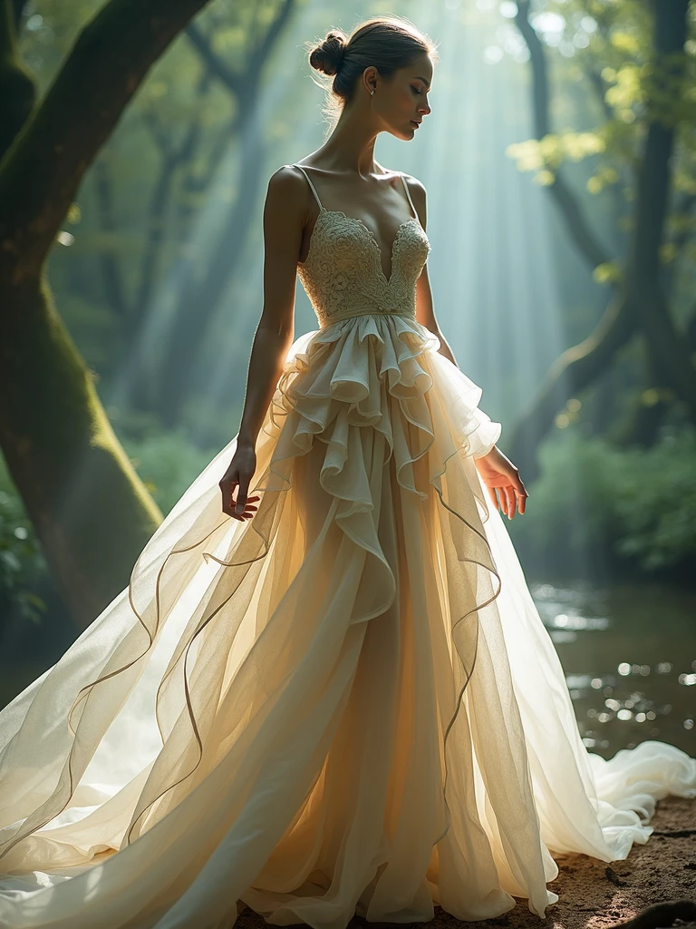 A graceful woman draped in an exquisite Iris van Herpen dress, featuring a delicate interplay of translucent fabrics and intricate,nature-inspired patterns. The dress flows like liquid silk, with layers that ripple and shimmer with every movement. Captured in a high-fashion editorial style, the lighting creates a luminous effect, accentuating the ethereal quality and the meticulous craftsmanship of the design. The woman’s serene expression and elegant posture enhance the enchanting and dreamlike nature of the van Herpen creation, evoking a sense of otherworldly beauty and sophistication.