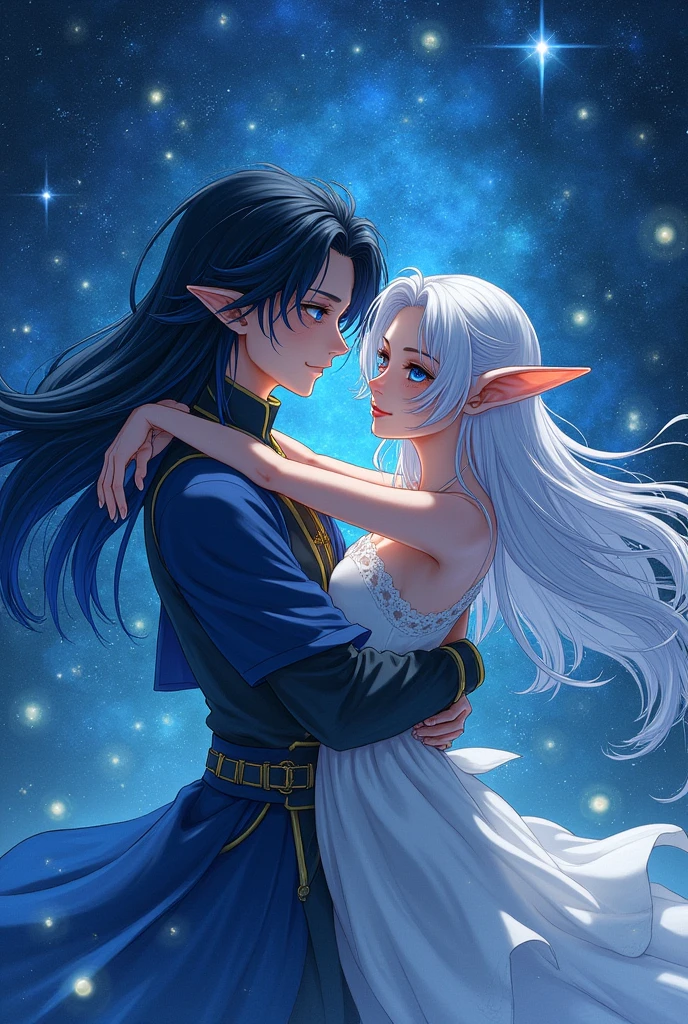 put the name: (The Eminent Divine Spirit), written in the drawing. Create a character, HUMAN TEENAGE MALE WITH NORMAL EARS with JAPANESE ANIME style drawing features, IN a cosmic environment, long black hair with a cobalt blue streak in one hair, cobalt blue eyes. holding/Embracing a busty adult elf with silver hair.
