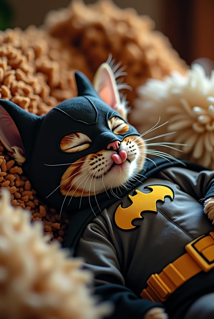 Make me a baby cat (animal) Lying with tongue sticking out, wearing a Batman costume, in a room with short hair, sleeping, wearing a Batman mask, a Moorish cat with eyes closed, without plush toys, Moorish