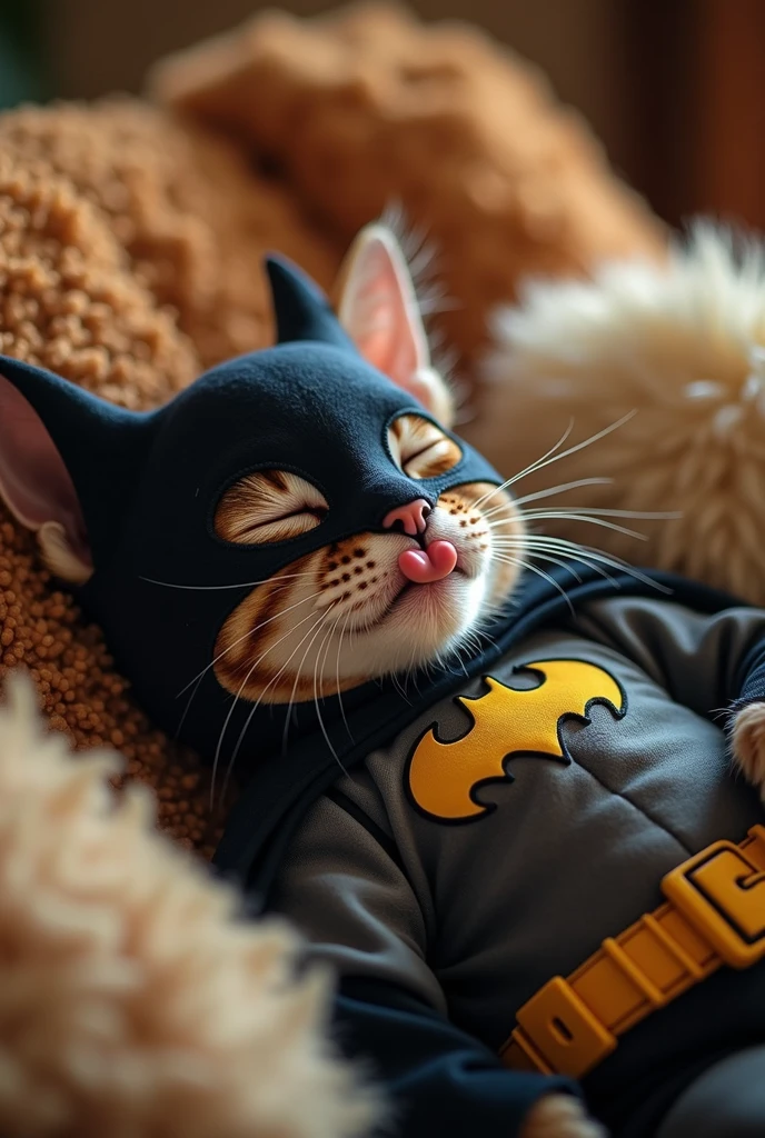 Make me a baby cat (animal) Lying with tongue sticking out, wearing a Batman costume, in a room with short hair, sleeping, wearing a Batman mask, a Moorish cat with eyes closed, without plush toys, Moorish