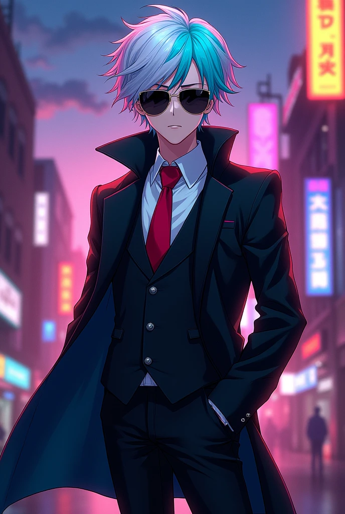 Hair color half white and half cyan and sunglasses and black coat with red tie anime boy
