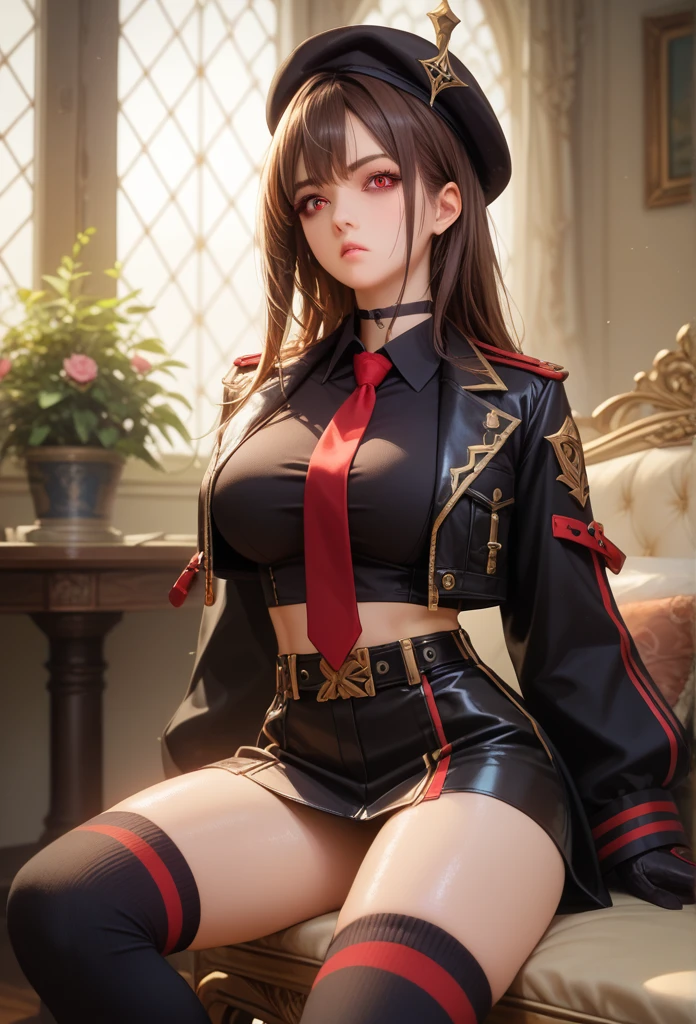 Lapidev, Red eyes, Brown Hair, Long Hair, bangs, beret, Black jacket, Cropped jacket, Red tie, gloves, Black Shirt, belt, Knee socks,9,score_8_superior,score_7_superior,masterpiece,Highest quality,Perfect Anatomy,so beautiful,Official Art,8k,Shiny_skin,fair_skin,white_skin, eiza、the throat is bulging、Thighs:1.4,Large Breasts:1.5,Sword Swallowing Position,The choker broke.