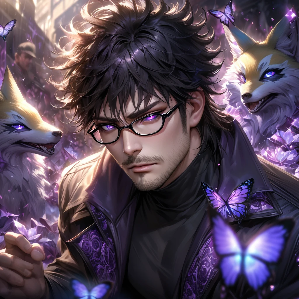 Extremely detailed, high resolution, absurd, HDR, masterpiece, Fushiguro Megumi, Black Hair, Expressive purple eyes, Jiu Jitsu Kaiba, Black pattern long coat, Purple Ice flowers, petal, Very handsome, Sexy men, Solitary, Extremely detailed eyes and face, Purple Ice, Purple Ice sparkling butterflies, Black T-shirt, Realistic face, sparkling, sparkling eyes, yellow Fox, men with stubble, short beard, short mustache, Beard scum, slightly curly hair, and black square plastic-framed glasses