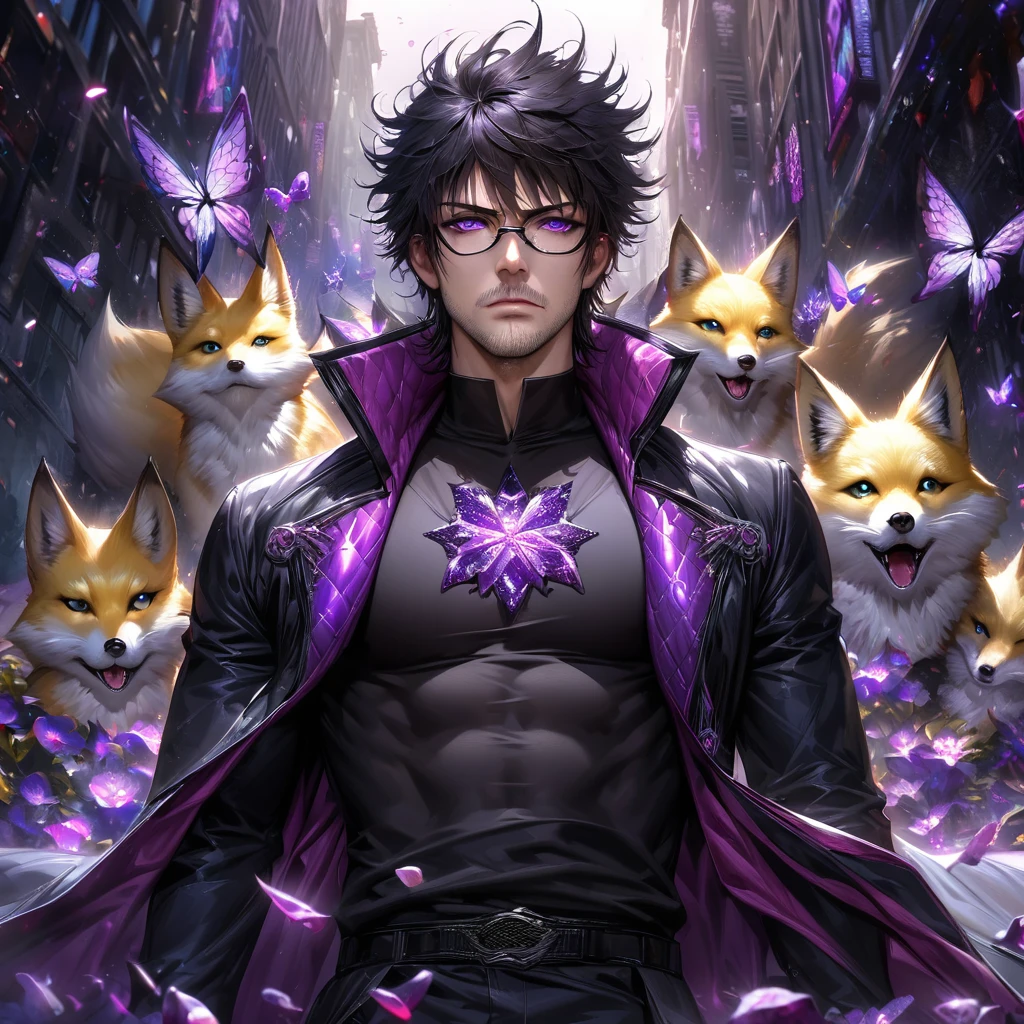 Extremely detailed, high resolution, absurd, HDR, masterpiece, Fushiguro Megumi, Black Hair, Expressive purple eyes, Jiu Jitsu Kaiba, Black pattern long coat, Purple Ice flowers, petal, Very handsome, Sexy men, Solitary, Extremely detailed eyes and face, Purple Ice, Purple Ice sparkling butterflies, Black T-shirt, Realistic face, sparkling, sparkling eyes, yellow Fox, men with stubble, short beard, short mustache, Beard scum, slightly curly hair, and black square plastic-framed glasses