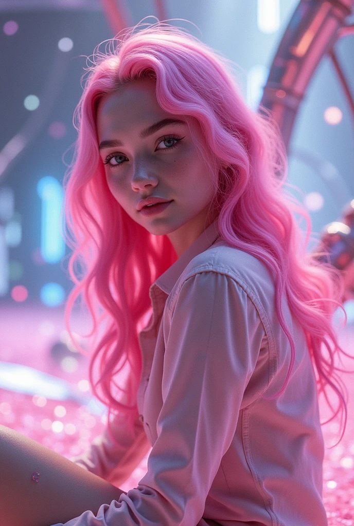 (Best quality) (masterpiece) Alisa Selezneva with pink hair from the movie "One hundred years ahead" sits ?????