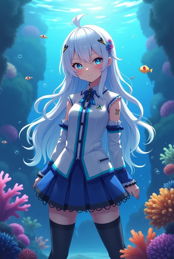 Gawr Gura anime with black stockings, white hair and a blue line and a star eye