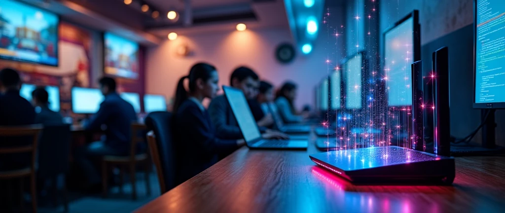 An internet cafe with people surfing the internet and a Wi-Fi router showing data transmission exemplified as light to the computers