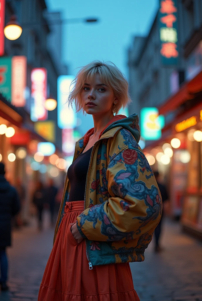 Woman profile full body, with short blonde hair, that has a skirt and a big anime style jacket