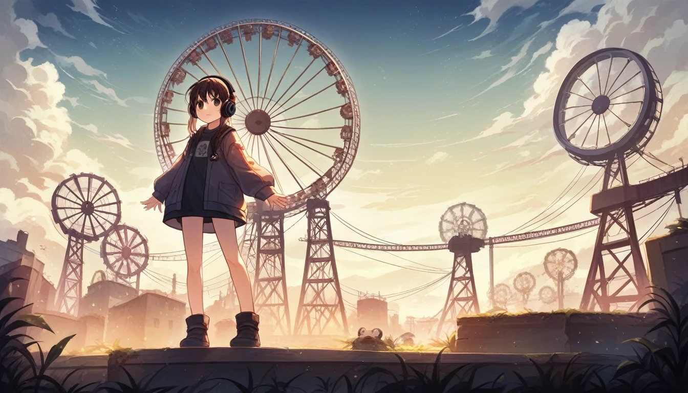 A woman standing in front of a Ferris wheel with headphones on., Nightcore, LOFI Girl, Anime Style 4k, Anime atmosphere, Lo-fi art style, anime wallpaper 4k, anime wallpaper 4k, Cute anime visuals, 4k anime wallpaper, Anime Background, Anime Aesthetics, Makoto Shinkai style, anime art wallpaper 4k