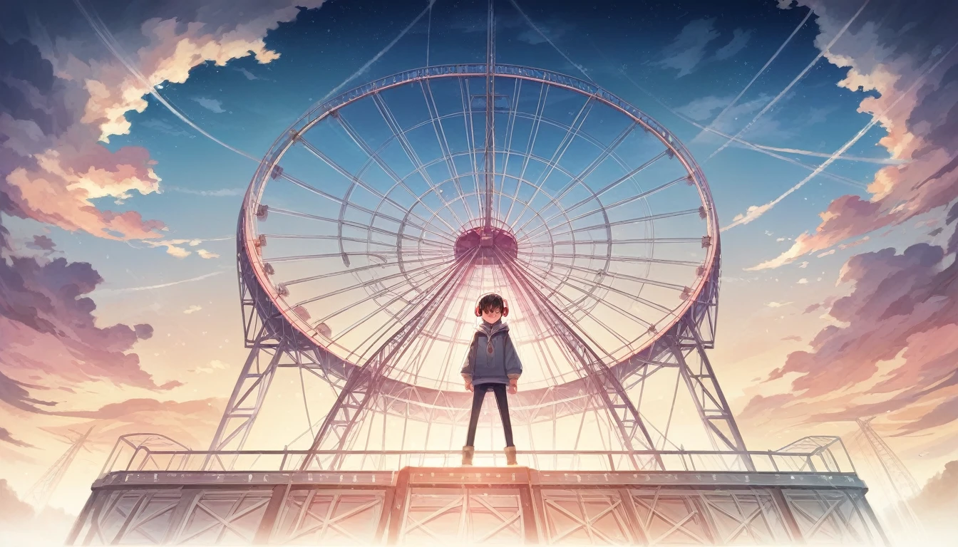 A woman standing in front of a Ferris wheel with headphones on., Nightcore, LOFI Girl, Anime Style 4k, Anime atmosphere, Lo-fi art style, anime wallpaper 4k, anime wallpaper 4k, Cute anime visuals, 4k anime wallpaper, Anime Background, Anime Aesthetics, Makoto Shinkai style, anime art wallpaper 4k