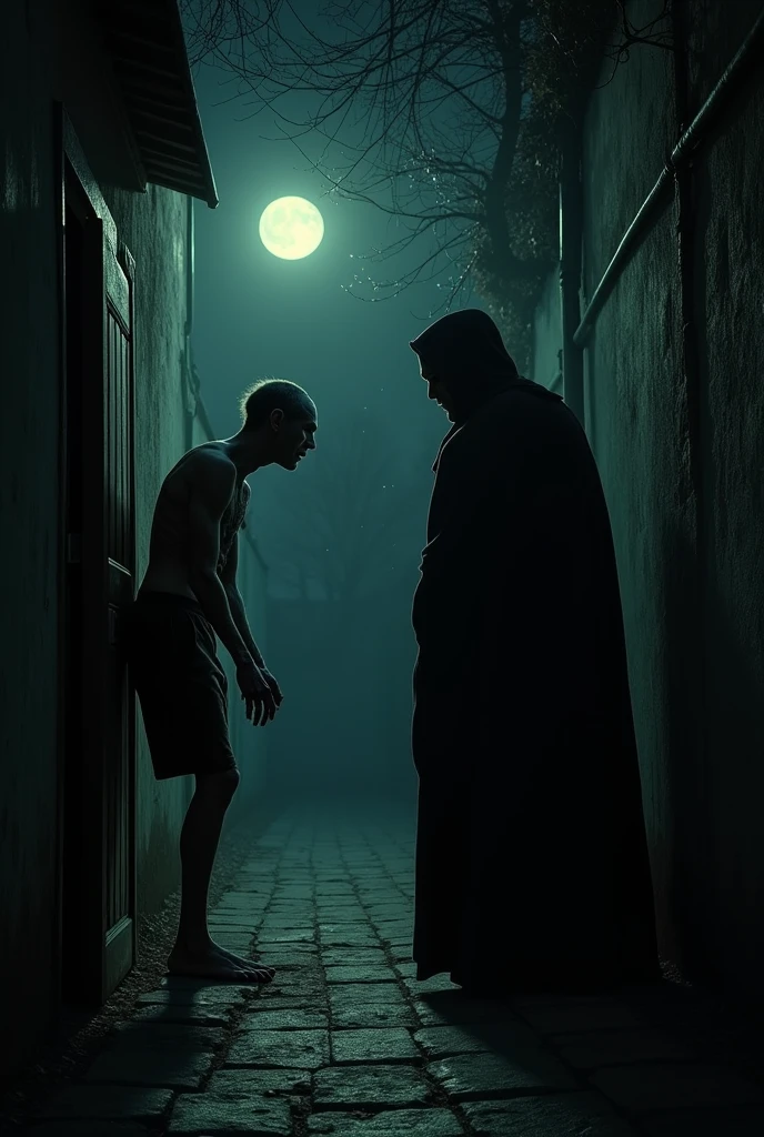 A skinny man knocking on a door at night, while another man hides in the darkness. Terror