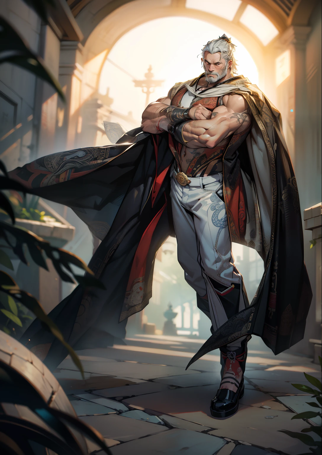 (Masterpiece, best quality) detailed, character sheet, boys 26 Years old, Serious face, wearing white singlet shirt, black pants, photography, detailed skin, realistic, photo-realistic, 8k, highly detailed, full length frame, High detail RAW color art, diffused soft lighting, shallow depth of field, sharp focus, hyperrealism, cinematic lighting, yokai illustration style, Aztec art, full of details.