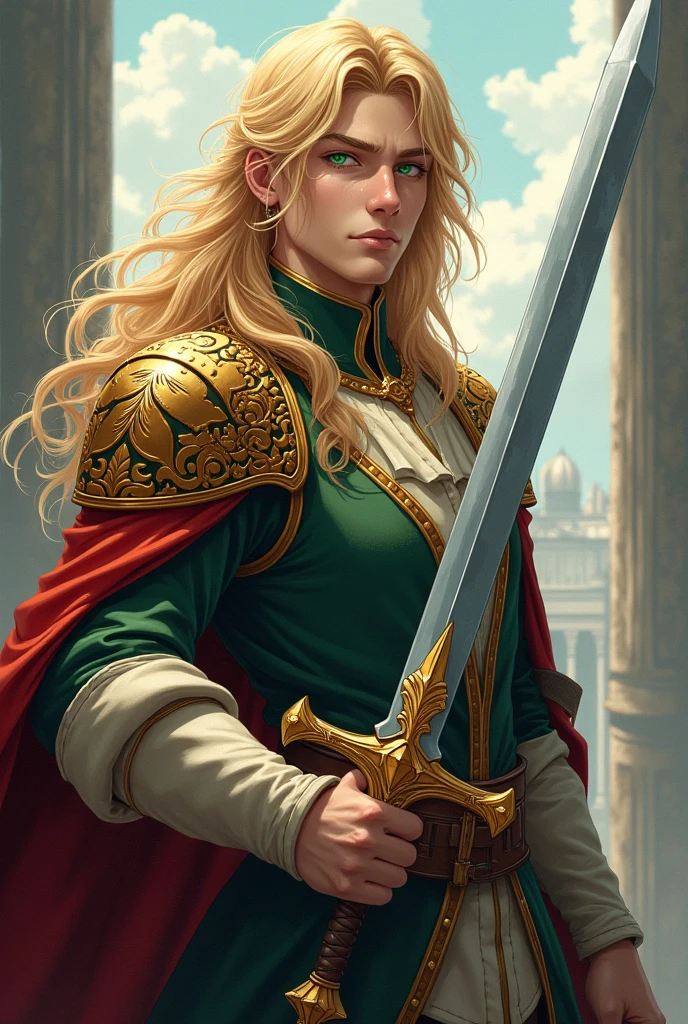 "A young nobleman in anime style with long blonde hair and bright green eyes, wearing luxurious noble clothing with intricate gold embroidery. He holds a large claymore sword confidently. The setting is a medieval fantasy world, with a slightly overcast sky to enhance the dramatic atmosphere. The art should emphasize the elegance and power of the character, with vibrant colors and detailed shading to highlight the textures of his outfit and the metallic sheen of the claymore. The background should be slightly blurred to keep the focus on the character."