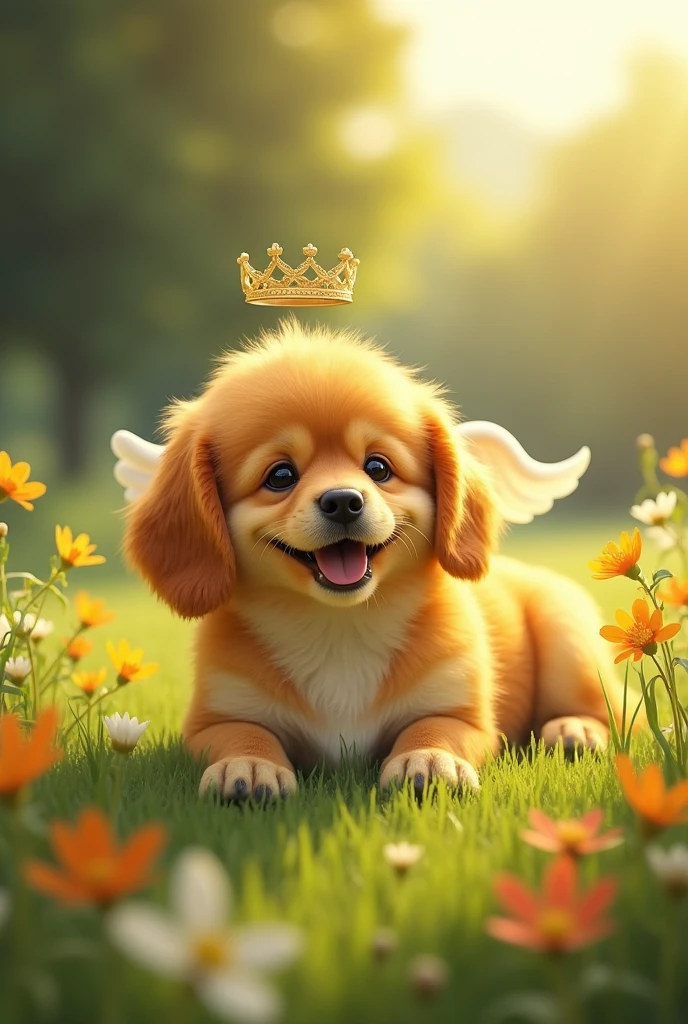 A big, yellow dog with black spots, she was chubby and had an angel crown and angel wings.