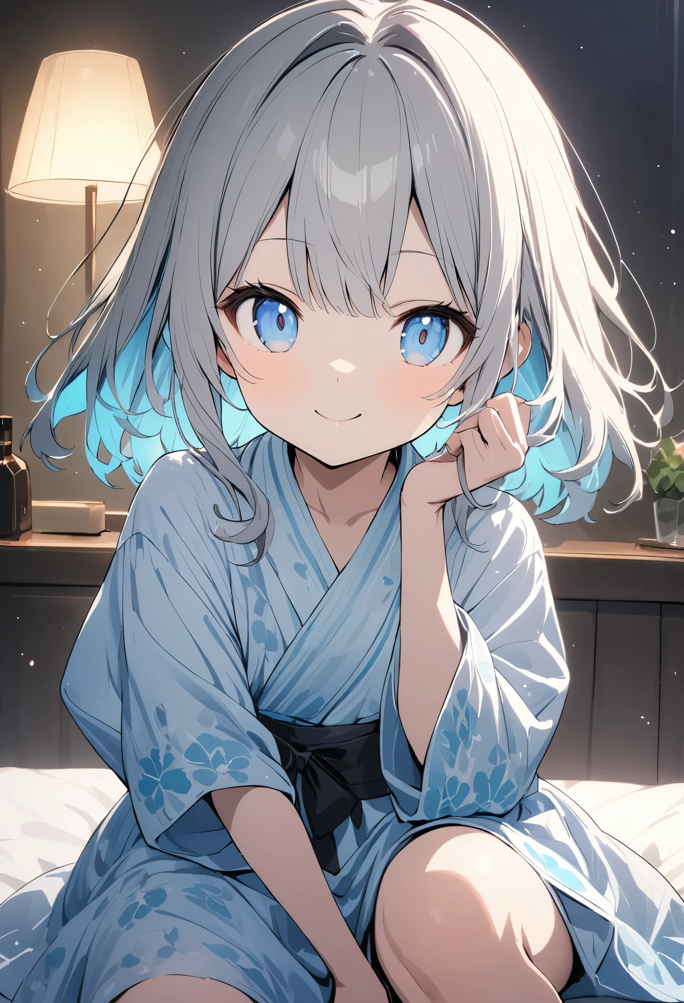 pretty girl, ((She's wearing a yukata with a flamboyant and luxurious pattern.))、(Grey hair colour、Light blue inner color hairstyle), Beautiful Hair, Facial Contour, Remember, station、 moonlight、splash, Lens flare,, Natural Color, High resolution, Very delicate, Very detailed, 8k,(Breast swelling、About B cup)、(Shyness),((Sexual))、(Sexualな画角)、smile、Hotel、bed、Sexy pose、up