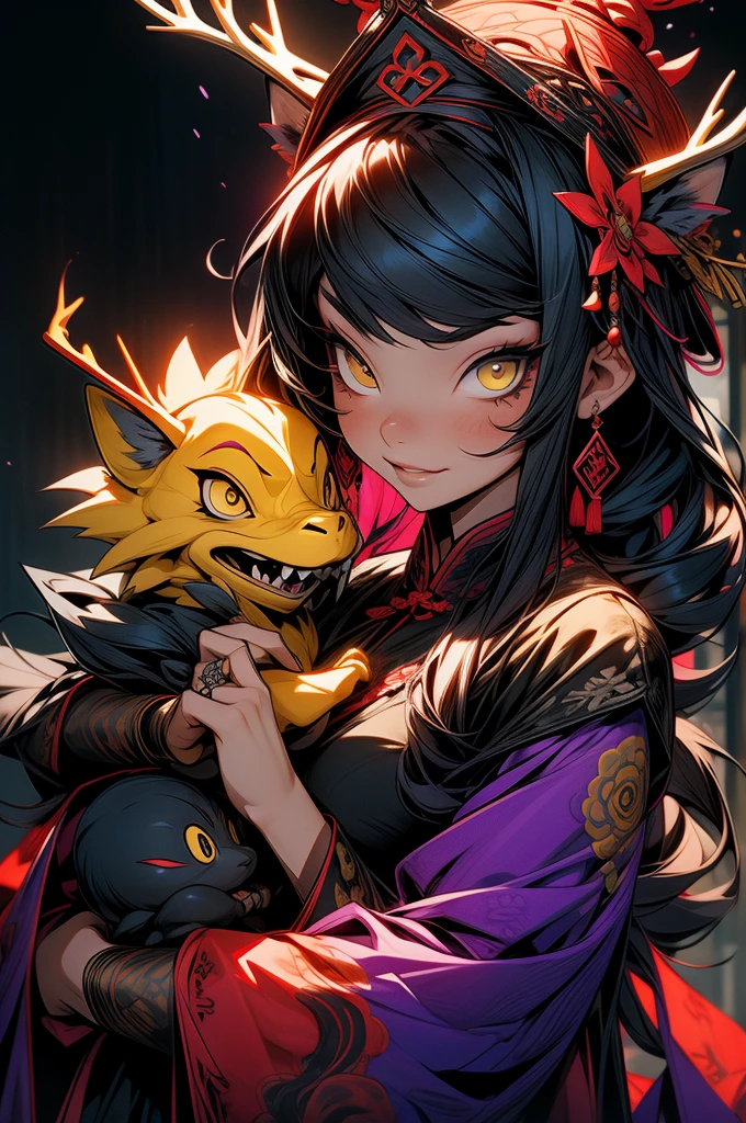 Chinese Gothic Punk、Jiangshi style,Daughter of the Chinese emperor、Overwhelming intimidation、Emitting majesty from the whole body、Put your hands in your sleeves,(Comic Noir Style),(Line art_anime),(Solid Color_High Contrast),(Tabletop, Highest quality, ),(rollerの悪い写真:1.2),(Lora Add details:1.2),8k, Flat Color:1.2,One Girl,Jiangshi QUEEN SITTING ON A CRIMSON THRONE WEARING A HEAVY CLOAK,Jiangshi,BEAUTY Jiangshi、非常にLong Hair、Chinese Opera Makeup,Luxurious costumes with beautiful embroidery_Dragon and phoenix embroidery:1.2,(roller:Add details:1.2)半リアルなanimeポートレート, 1 Female, ((Yellow deer eyes)), Purple Hair, Long Hair, Wavy Hair, Swept-apart bangs, Cute eyes, Juicy lips, Black modern lace crop top, Round earrings and rings, Beautiful face with makeup, Red eyeshadow, Doll-like face, Fake bright smile, Popular, Shadows fall over the eyes