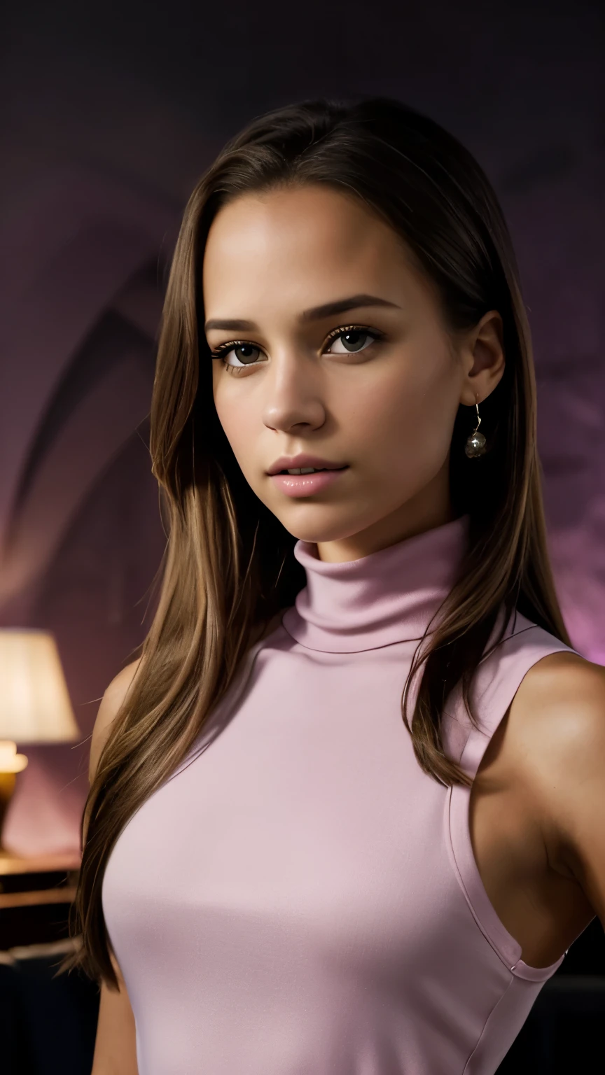 Foto hiperrealista en primer plano de Alicia Vikander, masterpiece, best quality, (photorealistic:1.4), portrait photo, (pink church mini dress turtle neck sleeveless::1.2), , night in living room, during the night, dark night, during night, cinematic light, beautiful woman, skinny, medium breasts, straight dark blond hair, detailed face, photo taken from a distance, age 20 years old