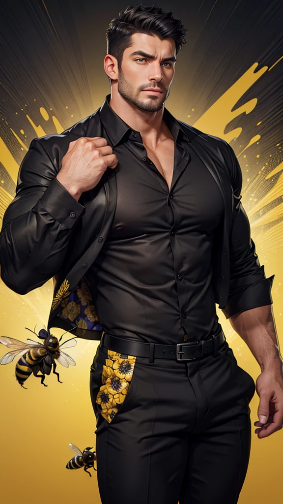 A muscular man, detailed handsome face, short black hair, yellow black bee pattern print formal open shirt folded collar, black undershirt, large breasts, sexy expression, looking directly at viewers romantically, black pants,