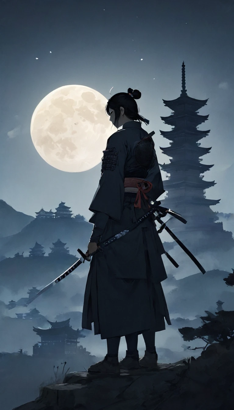 A samurai’s silhouette, standing tall under a full moon, the castle barely visible in the background, a sense of unknown identity, mystery, and history combined.