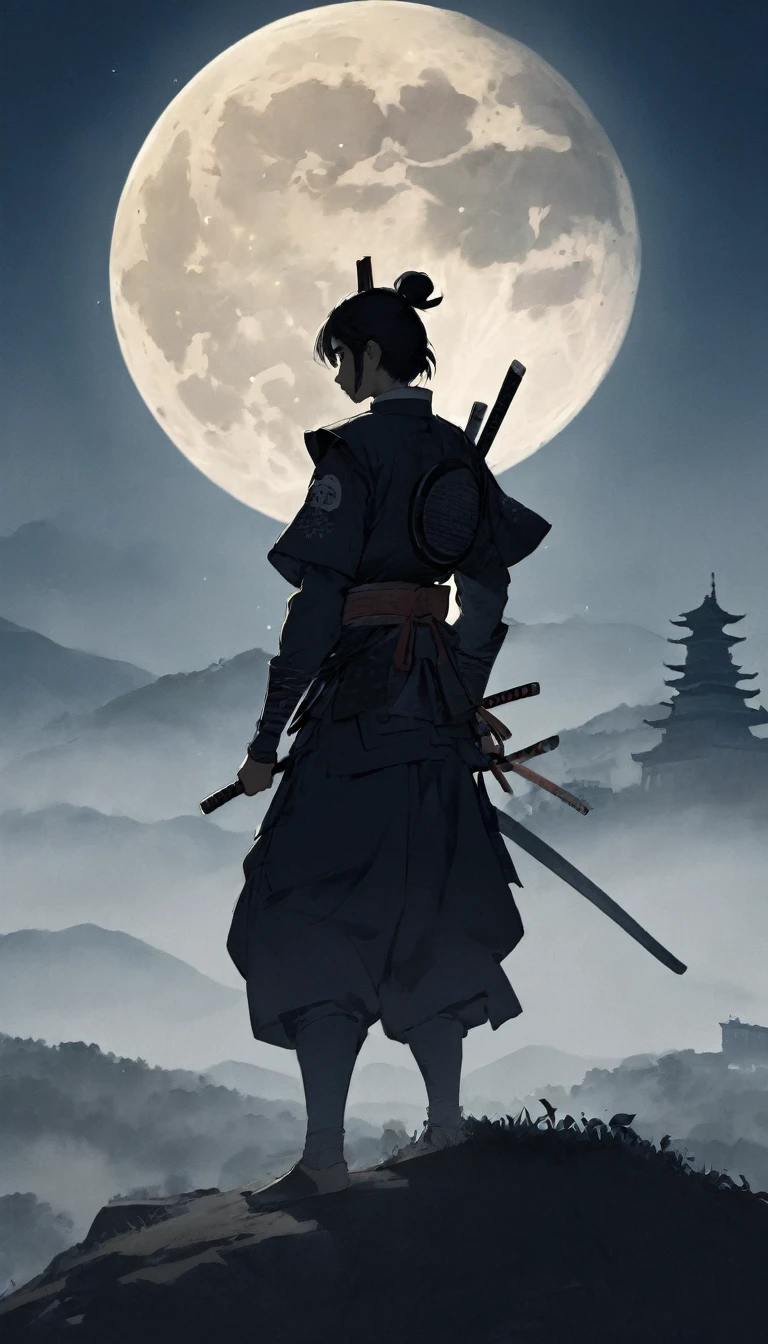 A samurai’s silhouette, standing tall under a full moon, the castle barely visible in the background, a sense of unknown identity, mystery, and history combined.