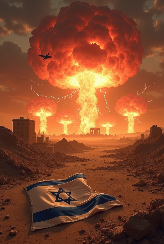 Bomb rain in the middle of the sand and there is debris of damaged buildings and there are 5 big atomic bomb explosions and big lightning comes out in the sky and red clouds and there is cloth on the ground with a picture of Israel torn and falling on the ground and the remains of damaged buildings are leveled with the ground and dust is thrown into the air and there is a bomb carrying plane flying in the air