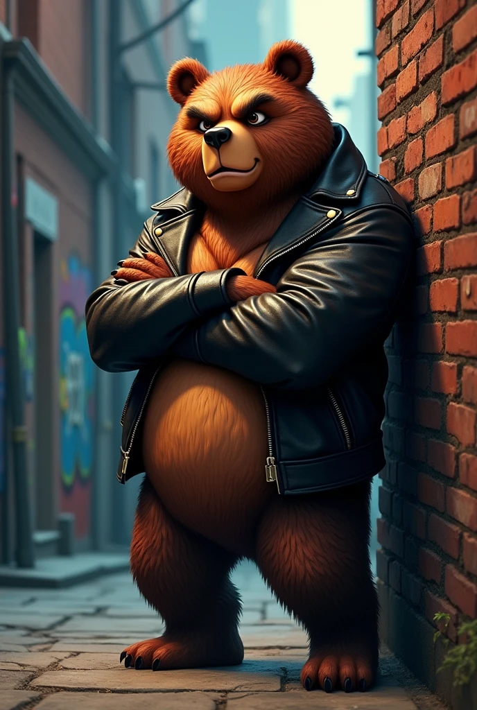 Cartoon bear wearing a black jacket with a mean face and tattoos