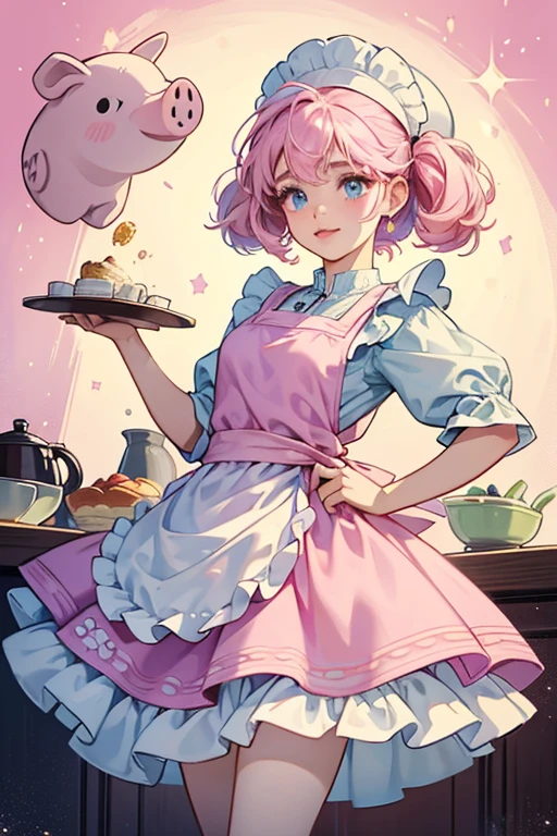 Petya Pig has light pink skin with pink eyebrows, blue eyes, a pink nose, and pink lips. She has pink hair that parts above her left eye around her pig ears and down to her hips. She has a pig tail. Petya wears a lavender dress with a yellow apron with pink polka dots on the apron and tied with a pink band around her waist. Her dress has a pattern of whisks, pin rollers, spatulas, spoons, and cookies. Petya wears a white chef's hat on her head and wears pink shoes with pig faces on the noses. SPARKLE; GLITTER