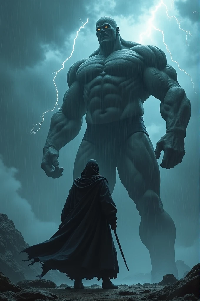 Draw a ninja with his back turned looking at a giant who is his final enemy with lightning and clouds in the background