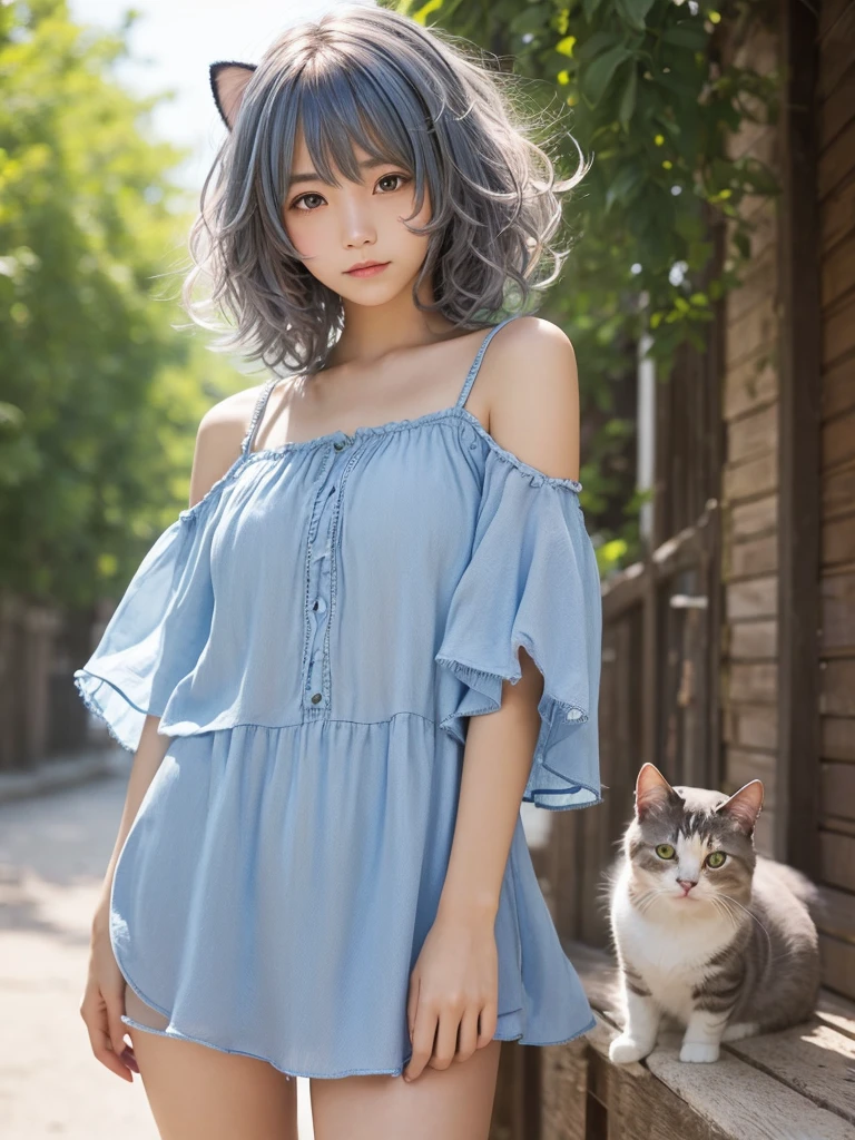 Masterpiece, best quality, ai-generated, cat ear,1 girl,light Blue shaggy cut hair,curly hair, cowboy shot,summer clothes,