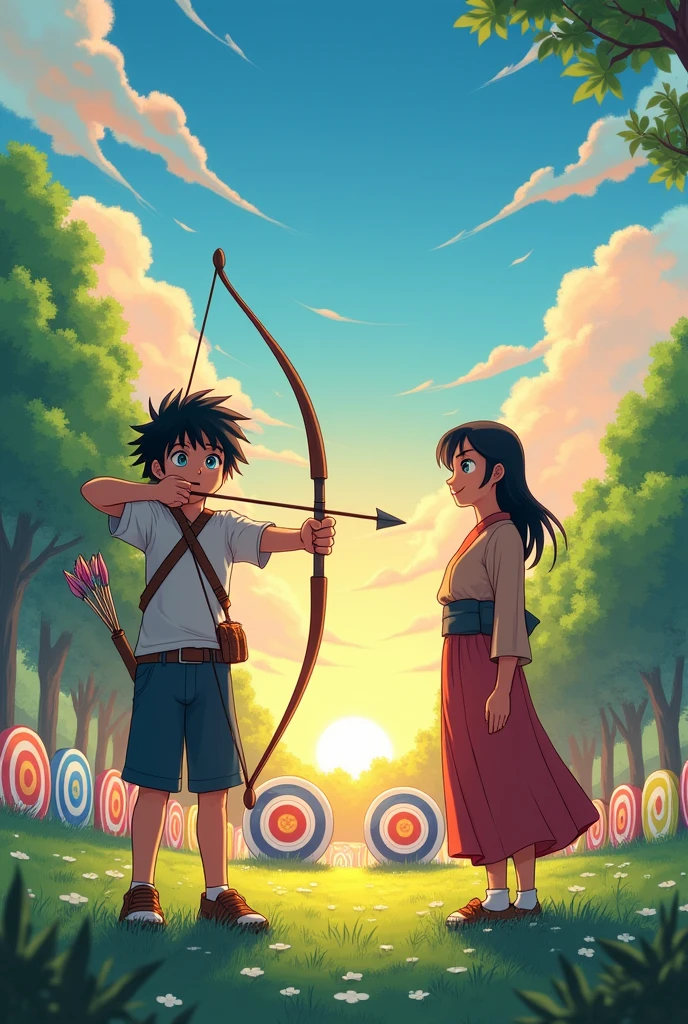 The arrow hits the bullseye. Kaito smiles, and Akira nods approvingly.