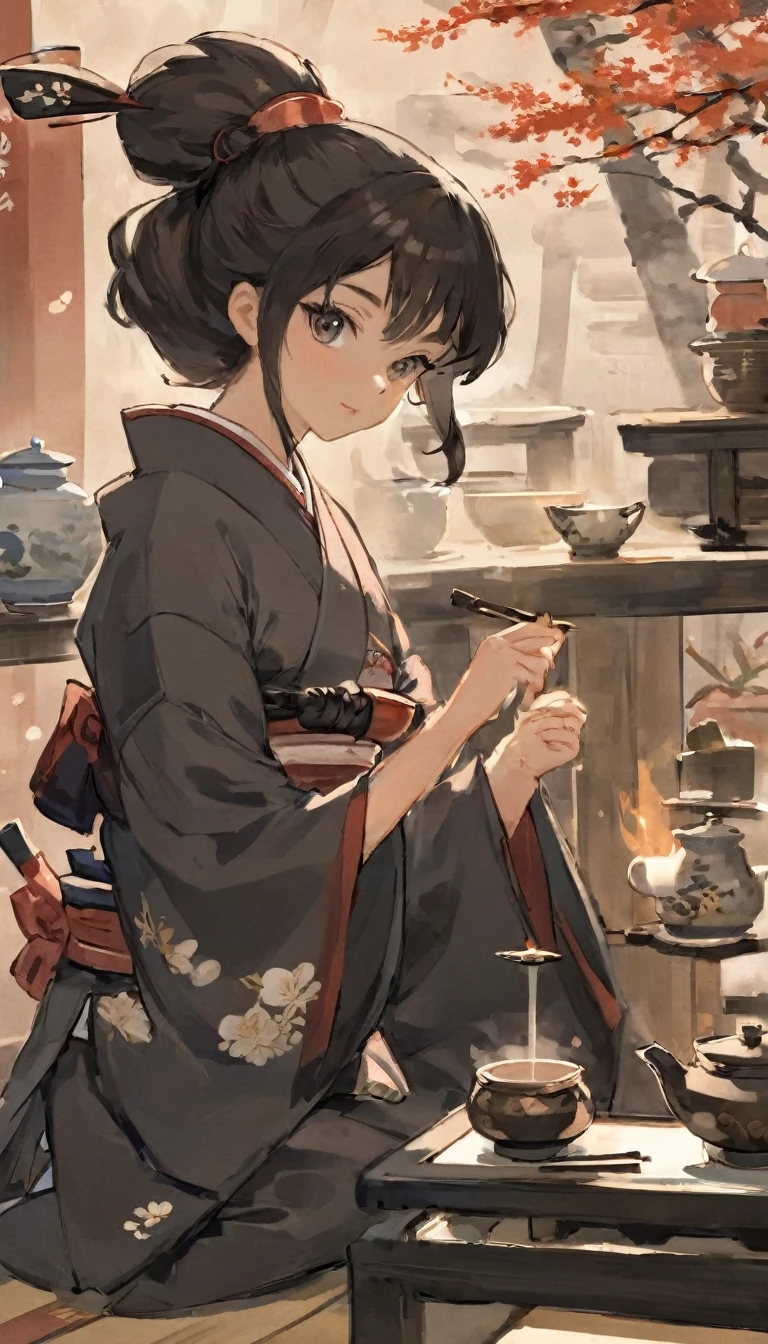 Young samurai gracefully serving tea in a traditional Japanese setting, intricate tea ceremony, delicate movements, a hint of cunning in his eyes, warm and serene atmosphere.
