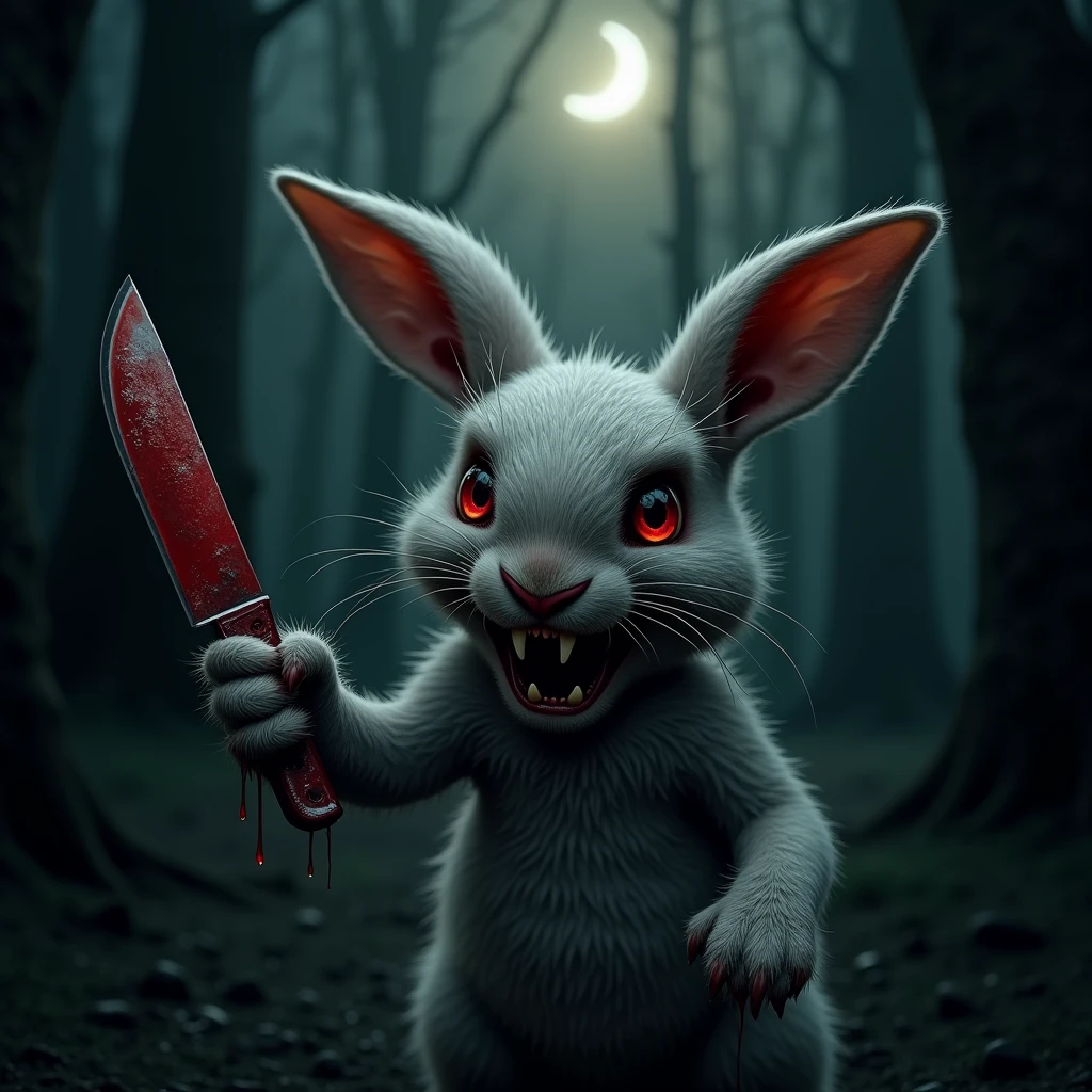 *8K Masterpiece, top quality, Best Quality, official art, (Terror and Aesthetics: 1.3), extremely detailed, (fractal art: 1.3), I'm terrified, Devilish Rabbit with a knife and stained with blood