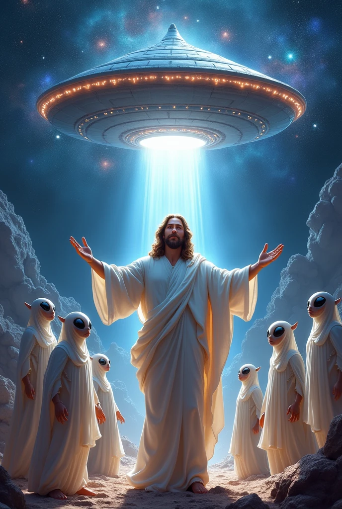 Jesus accompanied by aliens and a spaceship